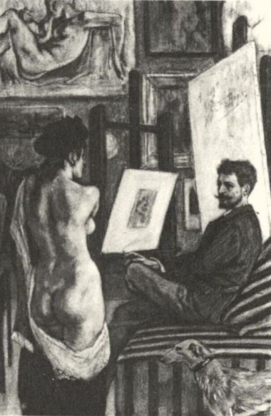 Datei:Félicien Rops- Rops in seinem Atelier mit Modell.jpg